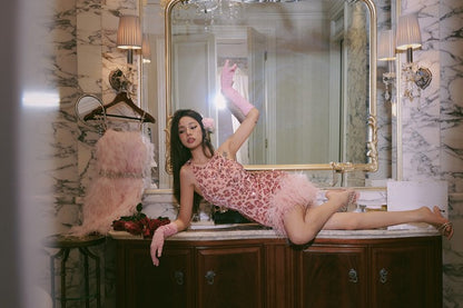 Wardrobes by Chen Dark Rose Pink Floral Sequin Feather Short cocktail Dress-Luciana