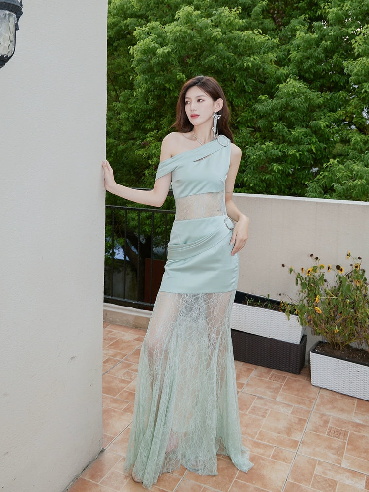 DOLLY Luxury Mint Slant Collar Sleeveless High Waist Long Fish Tail Lace Dress-LARISA