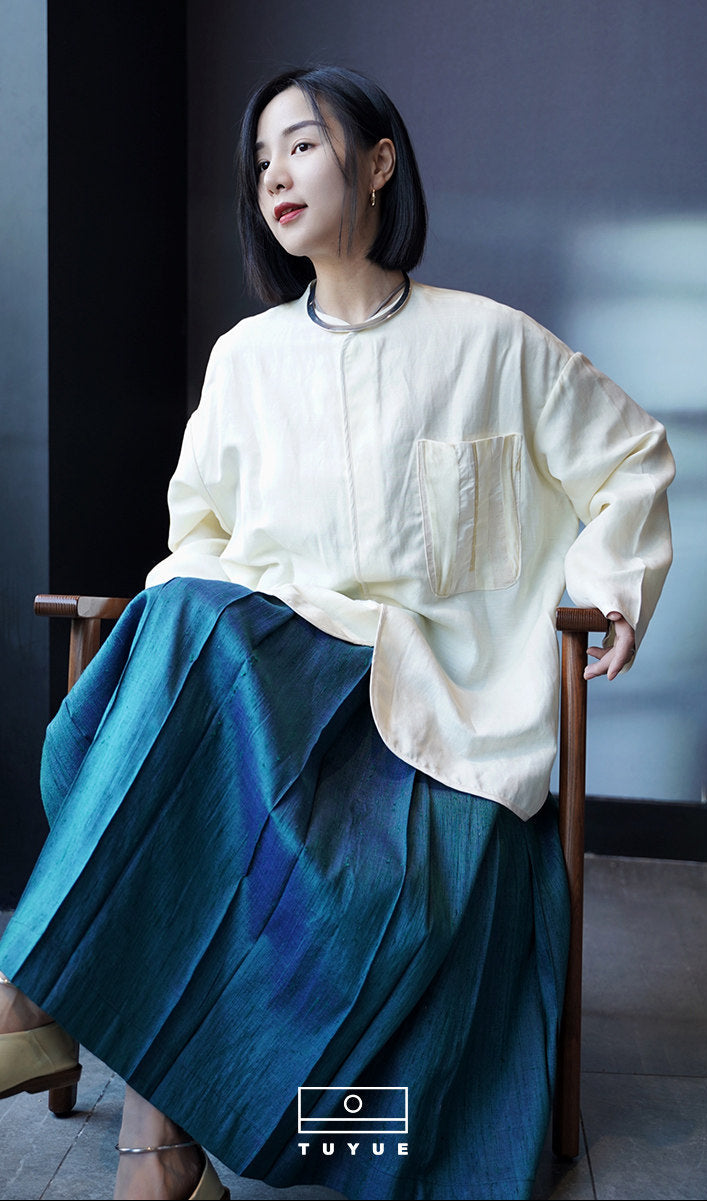 TUYUE White Linen Shell Buckle Silhouette Long Sleeve Shirt - FRANK.