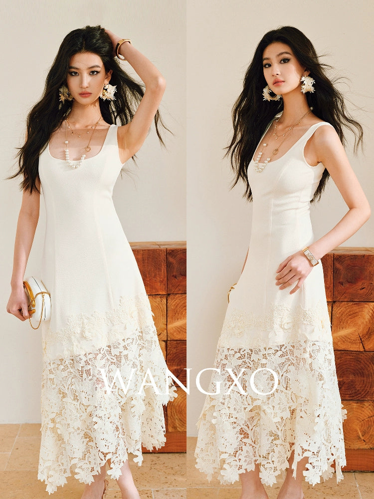 WANGXO High Stretch Knitted Stitching Neckline Slim Fit Three-Dimensional Split Sleeveless Dress - ELISE