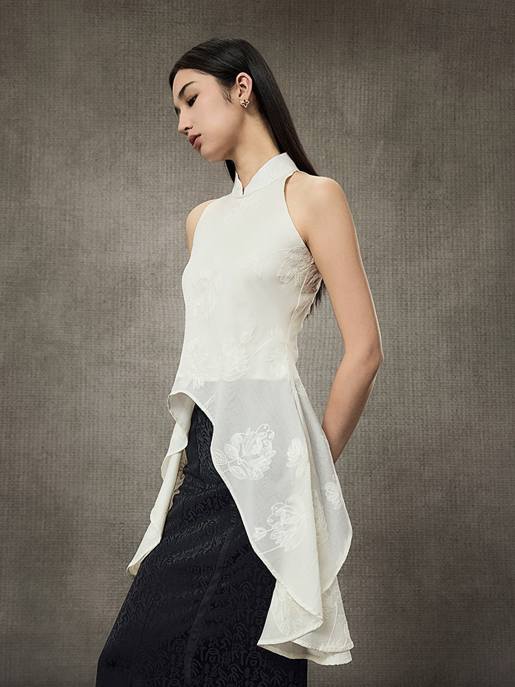 HECO Mock Collar Acetate Asymmetrical Wavy Side Halterneck Vest - DWELLS.