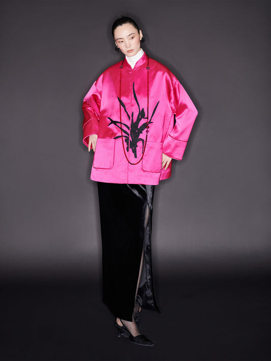 M ESSENTIAL Mackay designer Orchid silhouette patch Silver glitter satin coat - SWEAD