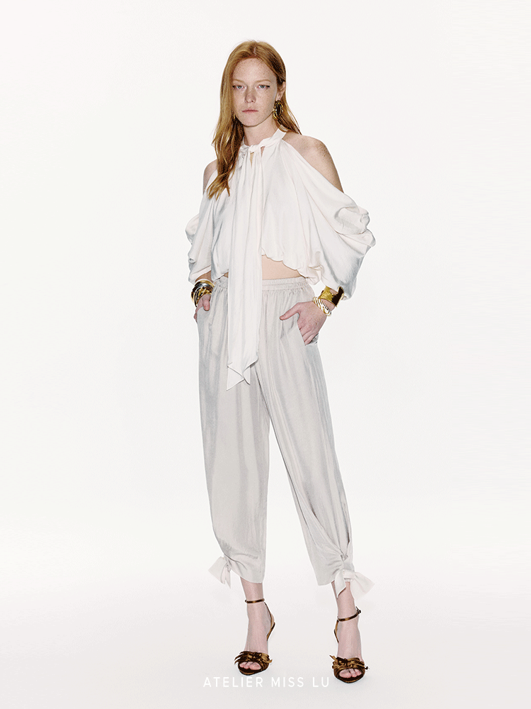 ATELIER MISS LU Bow Embellished Cinched Acetate Tapered Pants - VELVET.