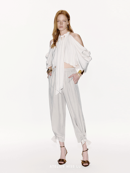 ATELIER MISS LU Bow Embellished Cinched Acetate Tapered Pants - VELVET.