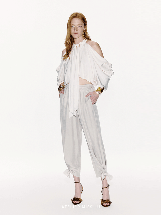 ATELIER MISS LU Bow Embellished Cinched Acetate Tapered Pants - VELVET.