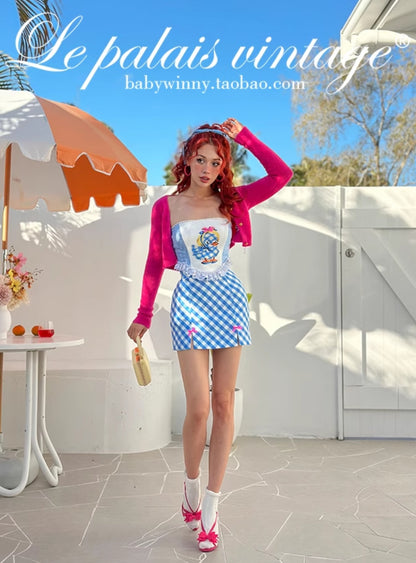 Le Palais  Blue Plaid Small Fragrance Thin Short Coat + Short Skirt- Yuno