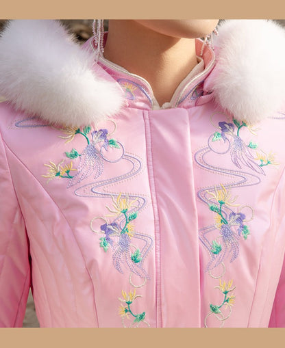 Magic Q goldfish embroidery pearlescent pink white goose down jacket- Kihjyt