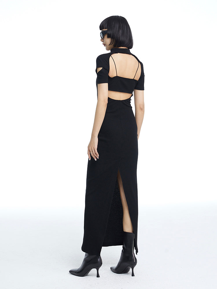 TINY IN fake two-piece deconstructed knitted back slit midi black dress -PUPIN