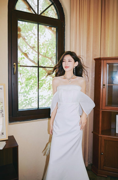 DOLLY Elegant Ruffled Off Shoulder Chest Wrap Long Fish Tail Banquet Dress-KALYA