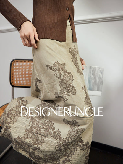 DGU "Mo Man" khaki green autumn new retro print high-waisted design skirt - MANE.