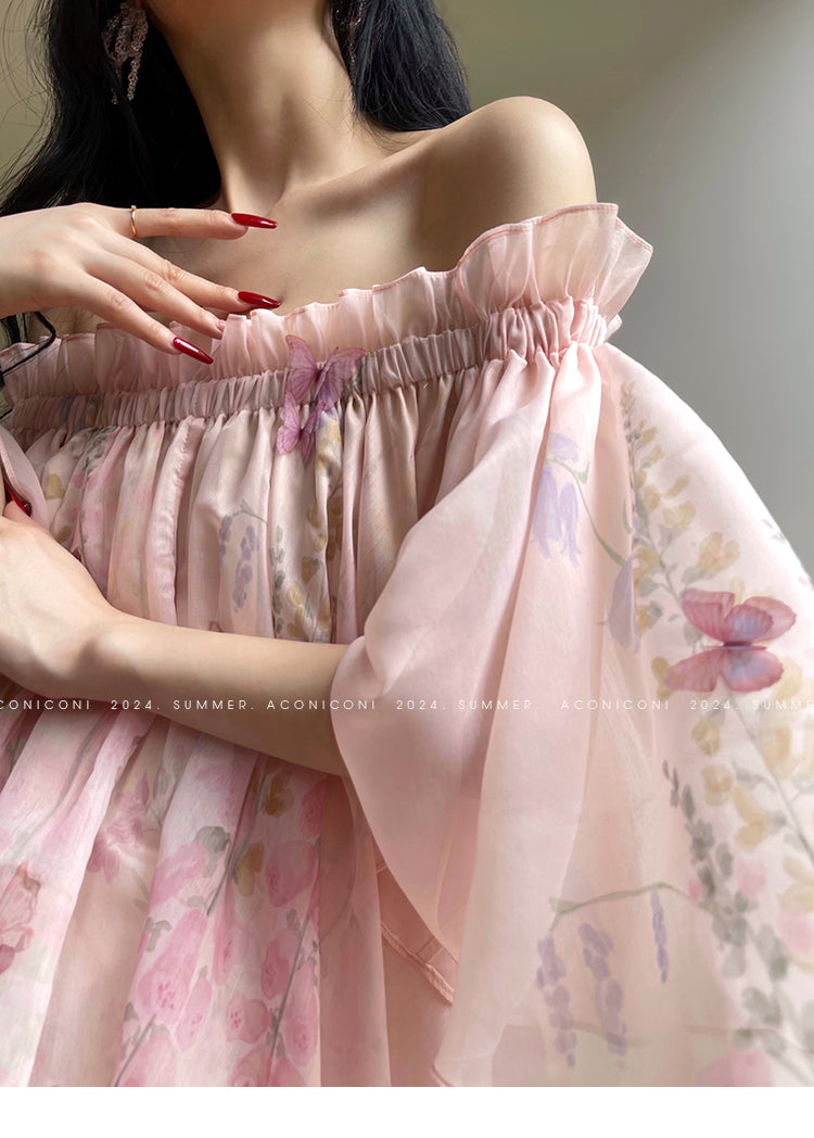 Aconiconi Luxury Off-Shoulder Flower Short Sleeve bridal baby doll Dress - Magnolia Lotus Fragrance