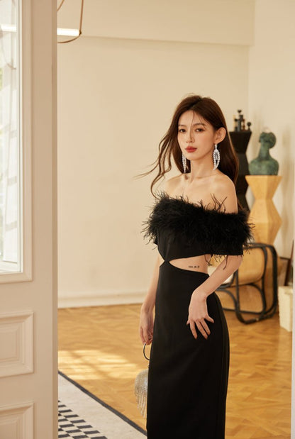 DOLLY Luxury Black Feather Tube Top Waist Baring Slim Fit Long Cocktail Dress-JAJA