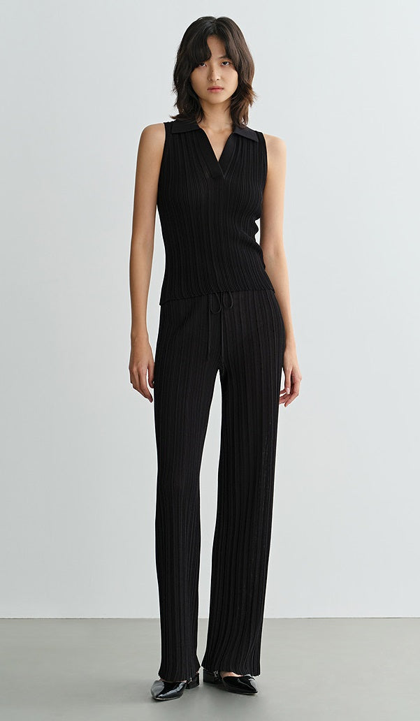 COMME MOI Lv Yan designer summer women's black thin texture knitted straight pants - AYLA.