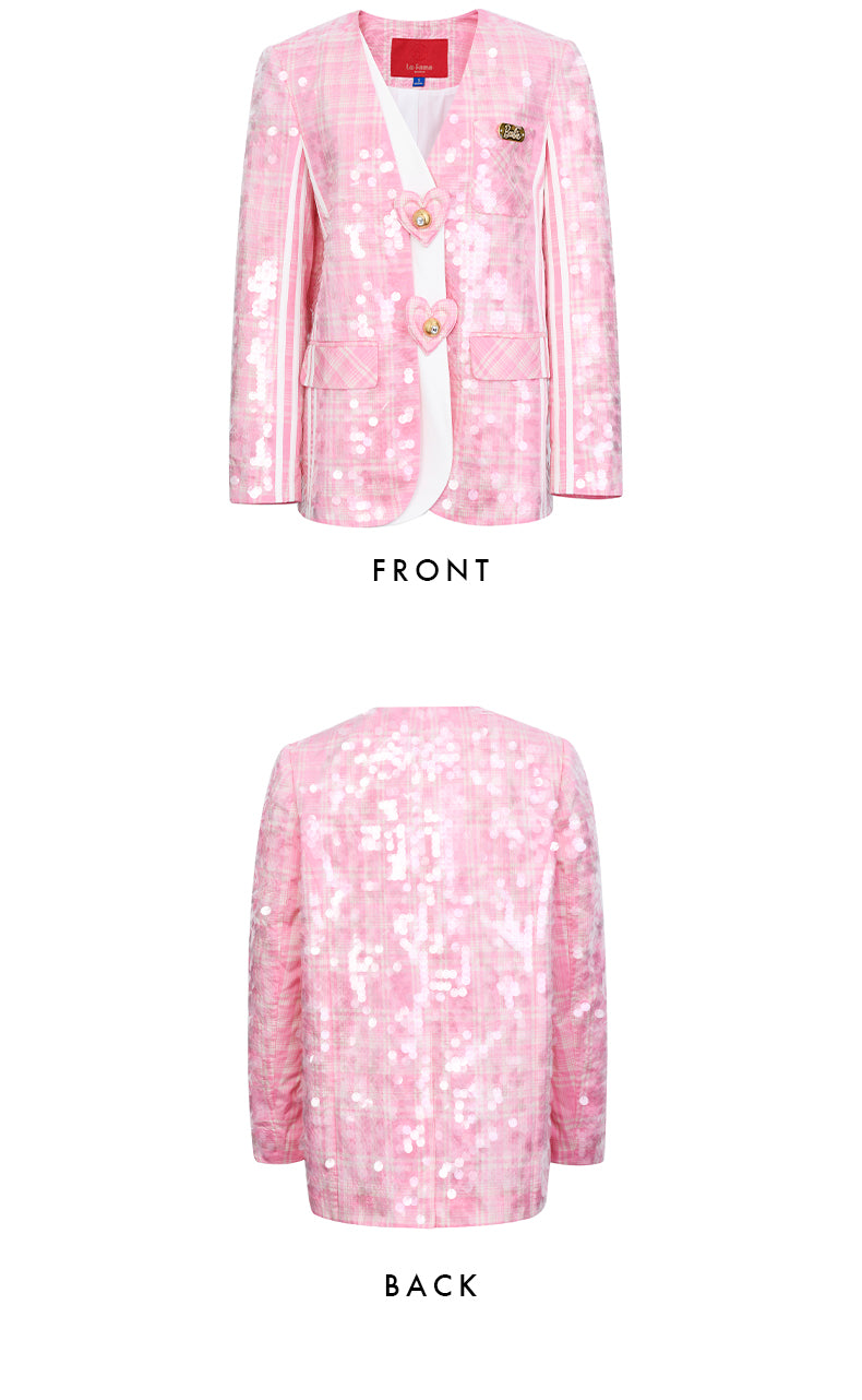 Barbie Pink Plaid sequin embroidered Love Heart Loose Fake Two Coats blazer jacket - Kendall