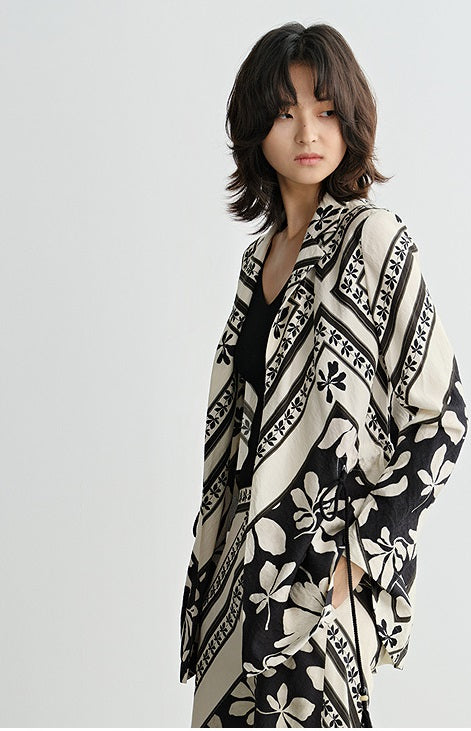 COMME MOI printed tassel black and white print waist suit  - AURORA.