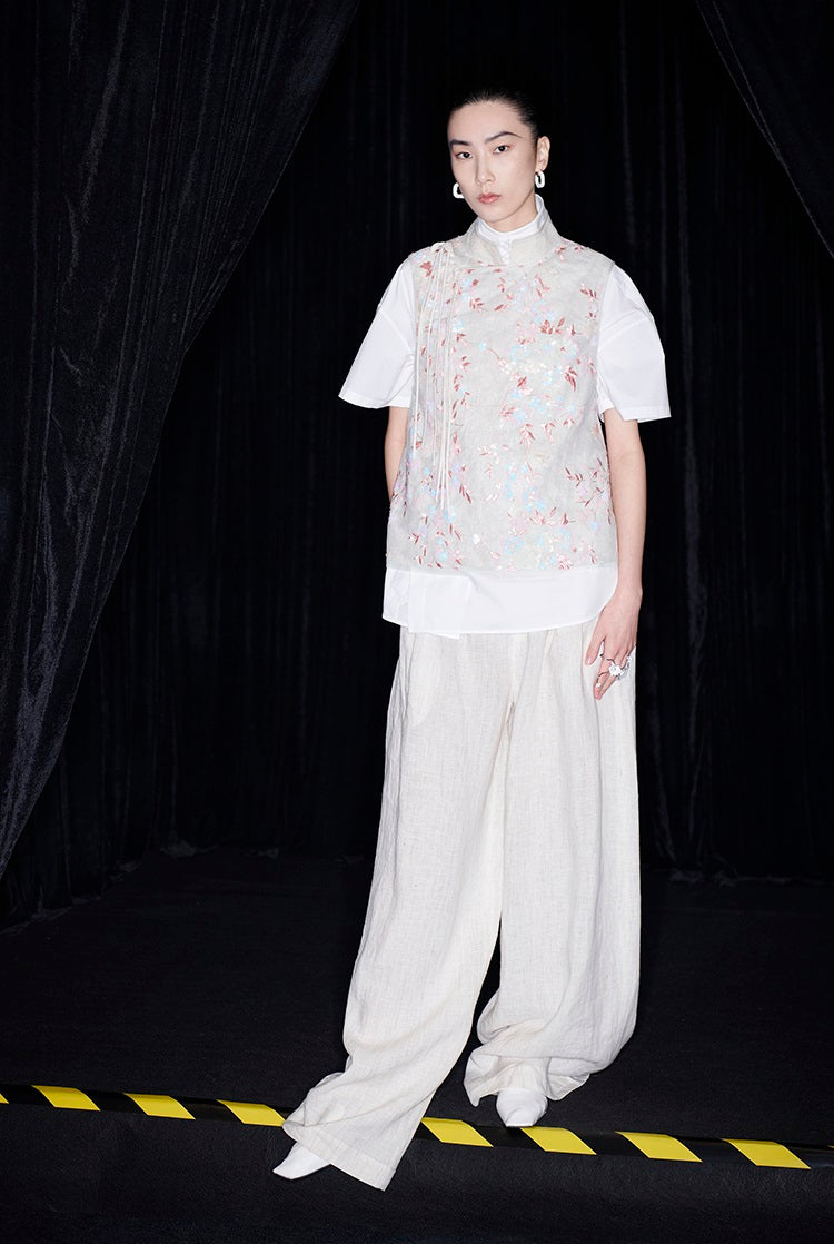 M essential Mackay designer beaded pavé embroidered linen vest - ELONIA.