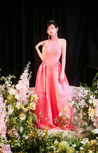 DOLLY Elegant Pink Halter Neck Sleeveless Long Loose A-Line Evening Dress-AMELIA