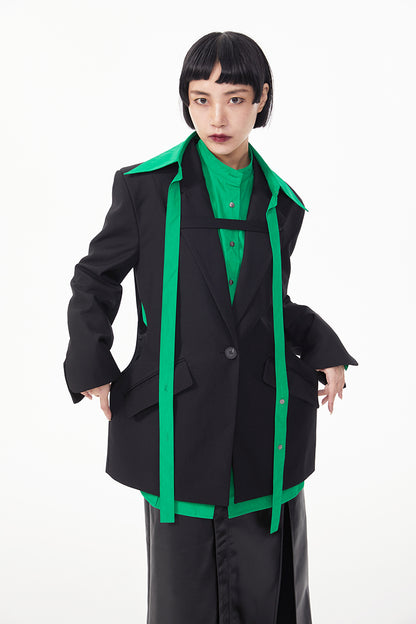 TINYIN  waist silhouette blazer women's one-button mid-length green black-ZYN