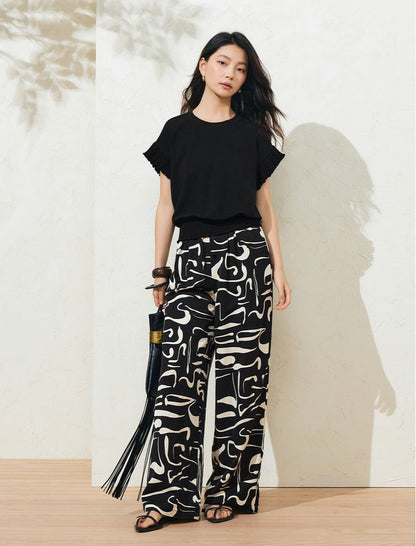 SUSHETencel Loose H-Shaped Wrap Waist Design Sense Short Sleeve T-Shirt Knit Top-RUTH