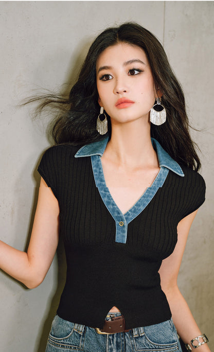 WANGXO | Soft Glutinous Knit & Contrasting High-Quality Denim V-Neck Slim Top -NIVA