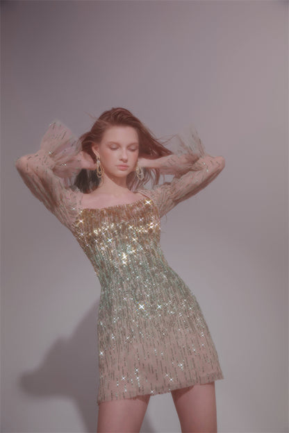 Wardrobes by Chen High End Golden Green multi color sequince mini dress-Serah