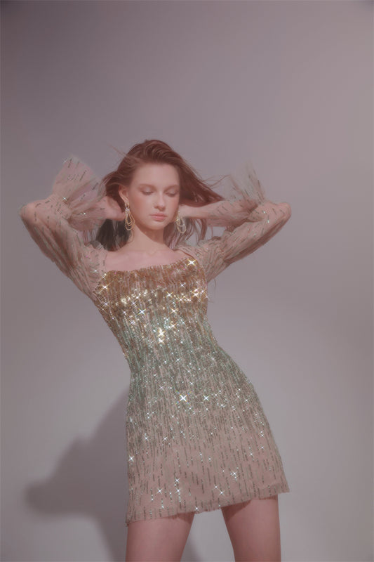 Wardrobes by Chen High End Golden Green multi color sequince mini dress-Serah