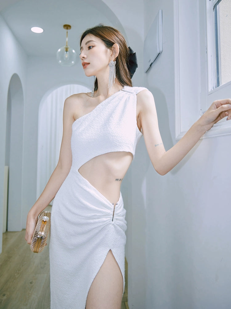 DOLLY Luxury Slopping Shoulder Sleeveless Waist Baring Sexy Cocktail Dress-AGAPE