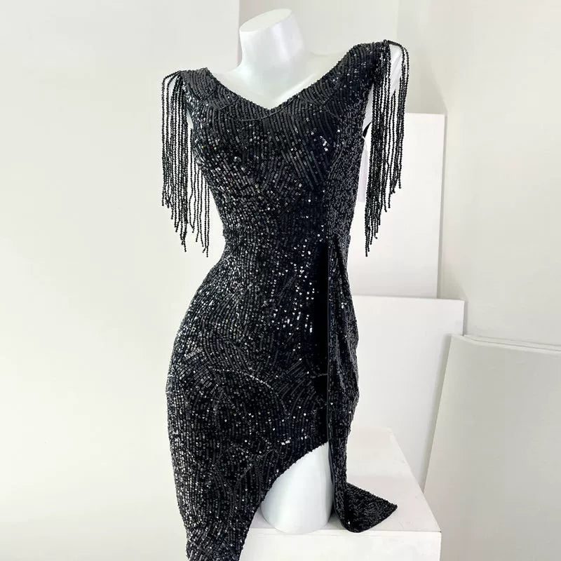 DOLLY Luxury V-Neck Sleeveless Sequin Tassel Bead Hip Hug Cocktail Dress-Poppi