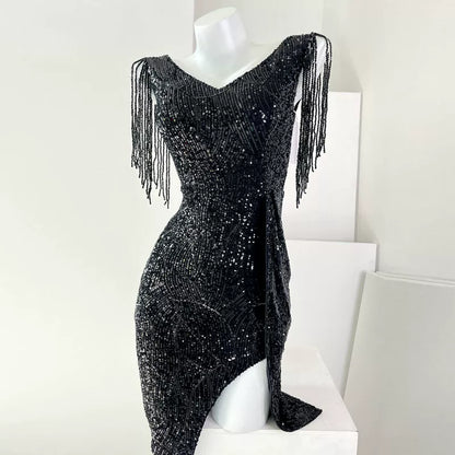 DOLLY Luxury V-Neck Sleeveless Sequin Tassel Bead Hip Hug Cocktail Dress-Poppi