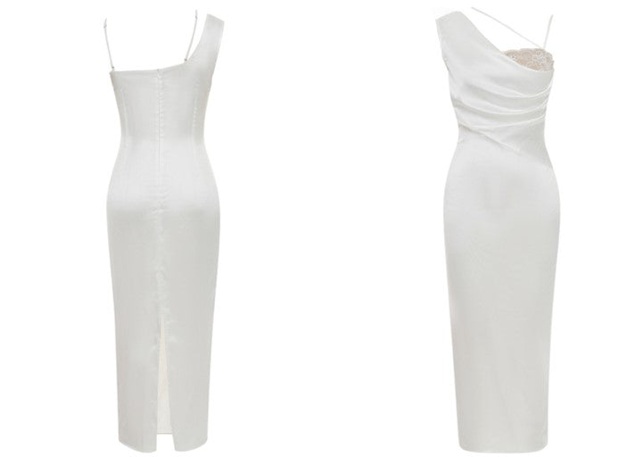 DOLLY Elegant Blue French Style Satin Sleeveless Pleated Hip Long Slit Dinner Dress-AVA