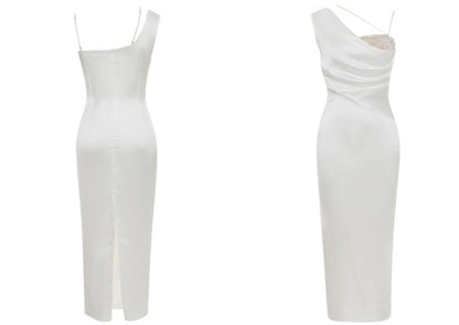 DOLLY Elegant Blue French Style Satin Sleeveless Pleated Hip Long Slit Dinner Dress-AVA