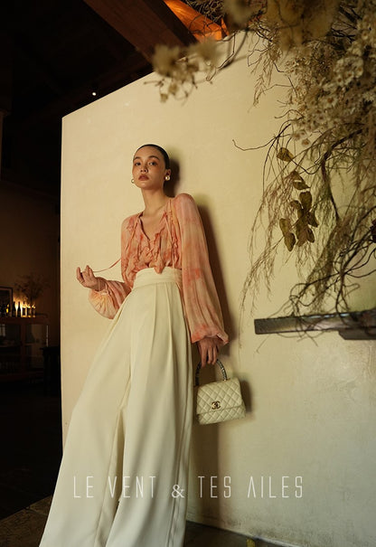 LE VENT& TES AILES Spring summer elegant multicolor silk smudged floral shirt skirt-ENE