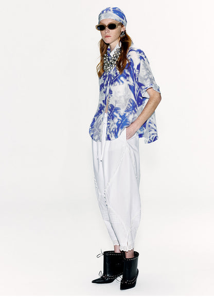 ATELIER MISS LU [Offa Manor] Printed Mulberry Silk Linen Blend Silk Scarf - JADE.