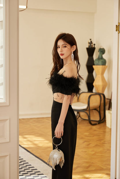 DOLLY Luxury Black Feather Tube Top Waist Baring Slim Fit Long Cocktail Dress-JAJA