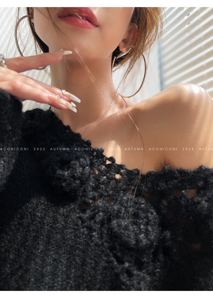 Aconiconi|Purple Flower Crochet openwork long cropped loose wool knit sweater  dress - Twilight