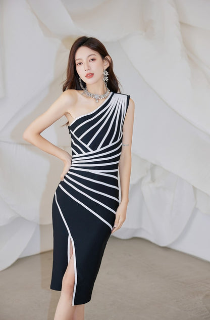 DOLLY Elegant One Shoulder Sleeveless Stripped Slim Fit Slit Dinner Dress-ZEN