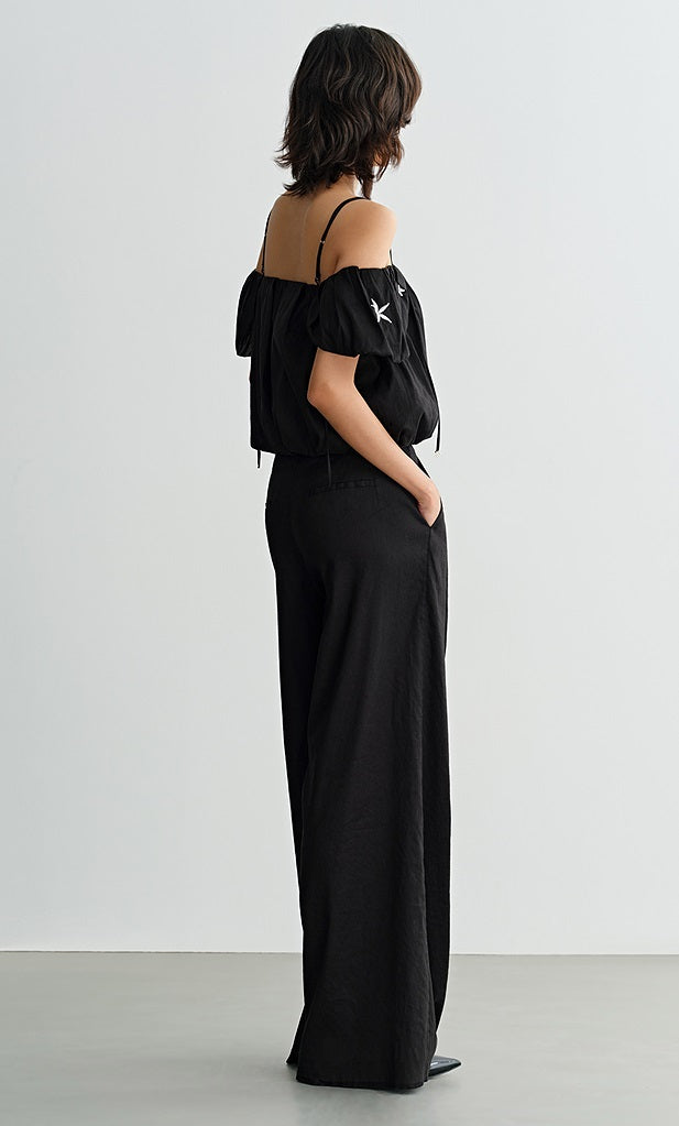 COMME MOI  Summer Waist Pressed Pleated Wide-leg Black Pants - SINS.