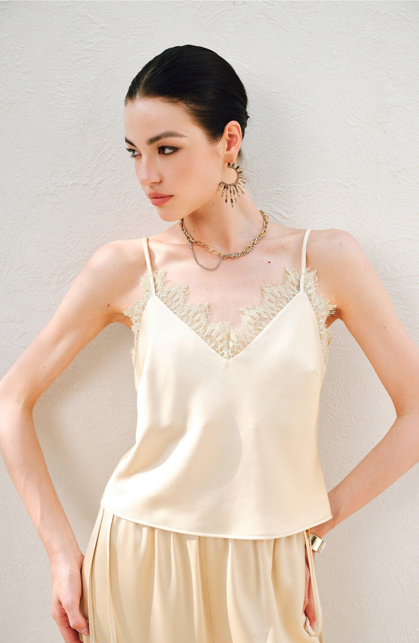 WANGXO | Hemp-Textured Acetate Satin  ight Luxury Lace Suspender, Shirt & Trousers Three-Piece Set- SARI