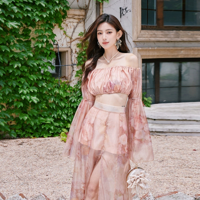 DOLLY Luxury Retro French Style Long Sleeve Top+ Retro Print Midi Slit Skirt-BIANCA