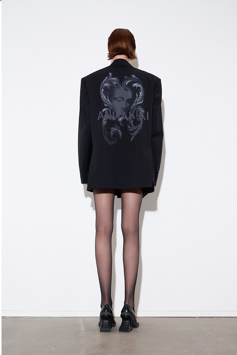ANNAKIKI Niche Designer Black Wool Mottled Print Blazer Jacket-MATSUKI