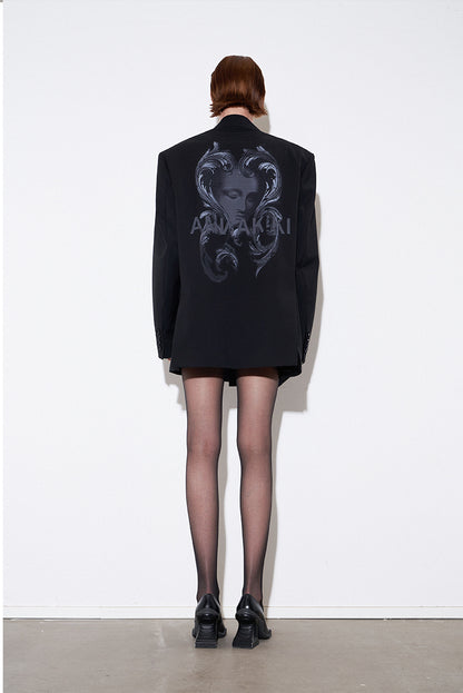 ANNAKIKI Niche Designer Black Wool Mottled Print Blazer Jacket-MATSUKI