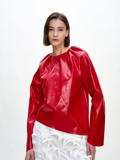 SERRER Red long sleeved leather shirred asymmetrical top - KOFI.