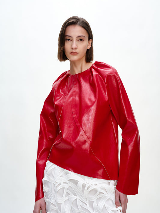 SERRER Red long sleeved leather shirred asymmetrical top - KOFI.