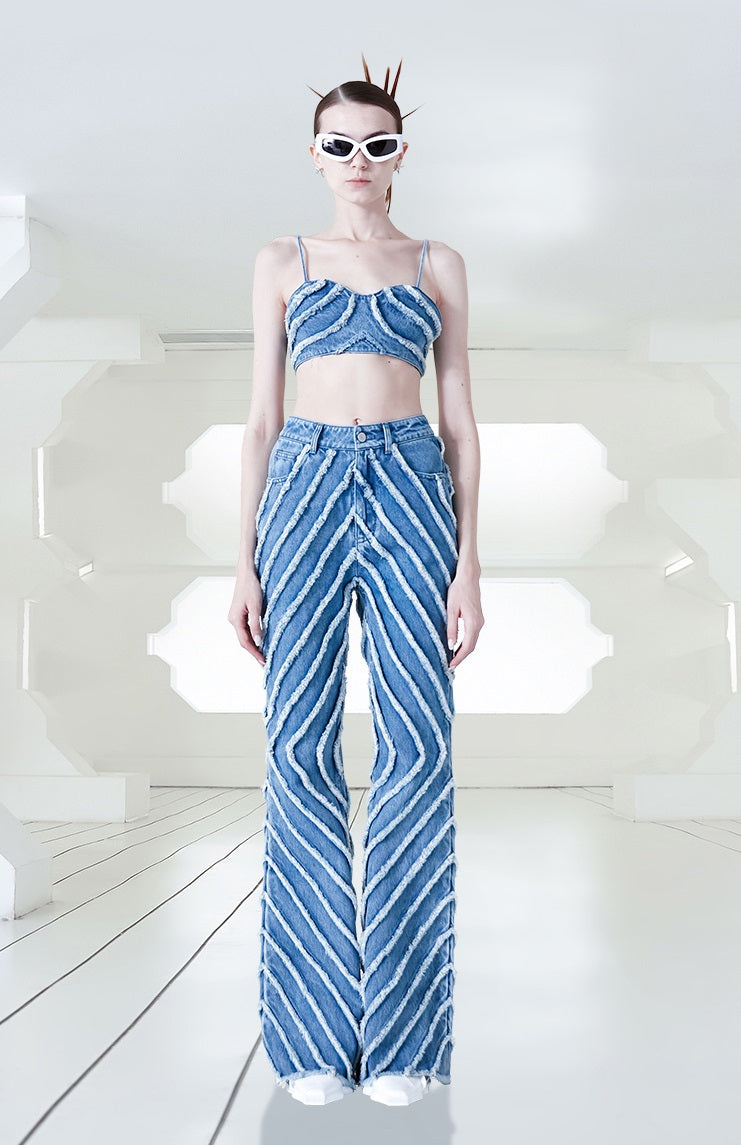 ANNAKIKI fractal shooting star raw edge denim bell bottoms-YAMEN.