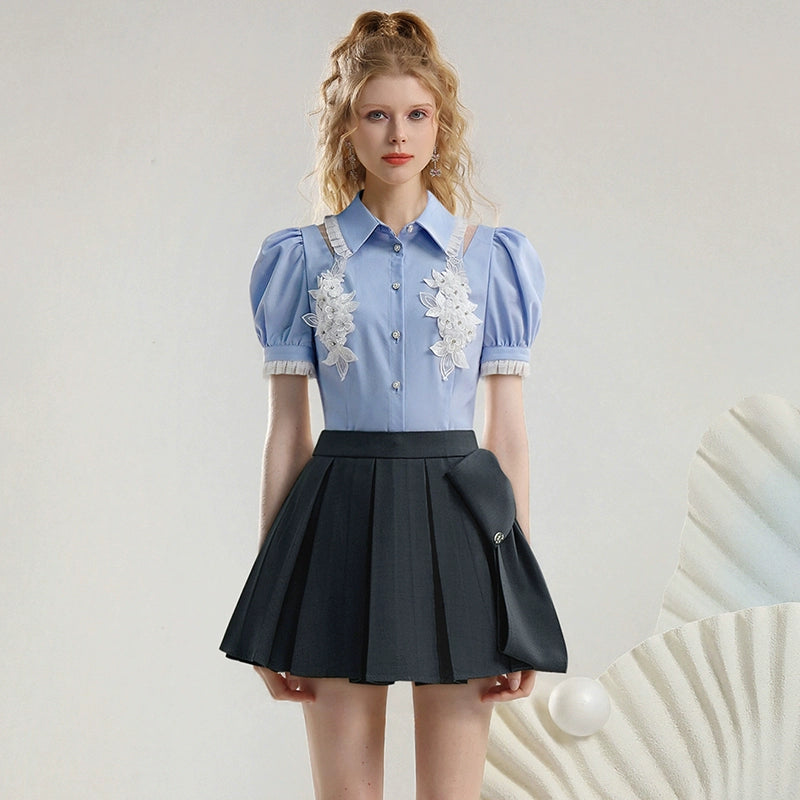 CHECOCRE Stubble sweet girly flower puff sleeve cutout sexy blue top - JOSHUA.