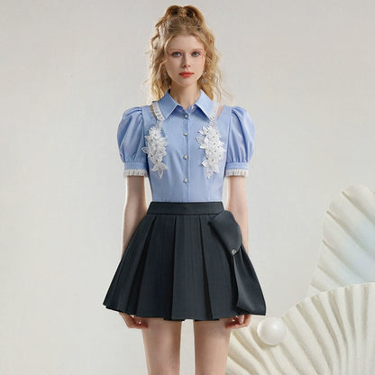 CHECOCRE Stubble sweet girly flower puff sleeve cutout sexy blue top - JOSHUA.