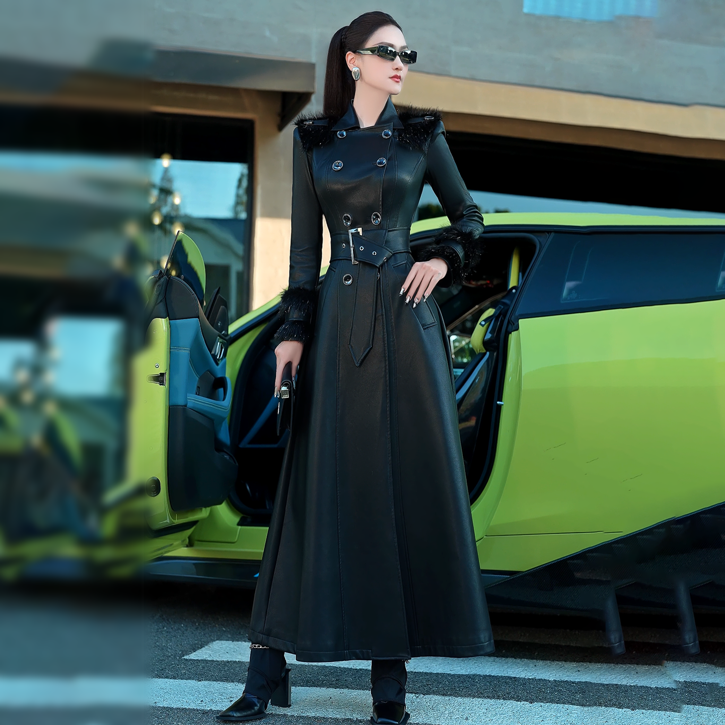 VJE  Black Faux Leather Waist Over Knee Trench Coat-PIA.