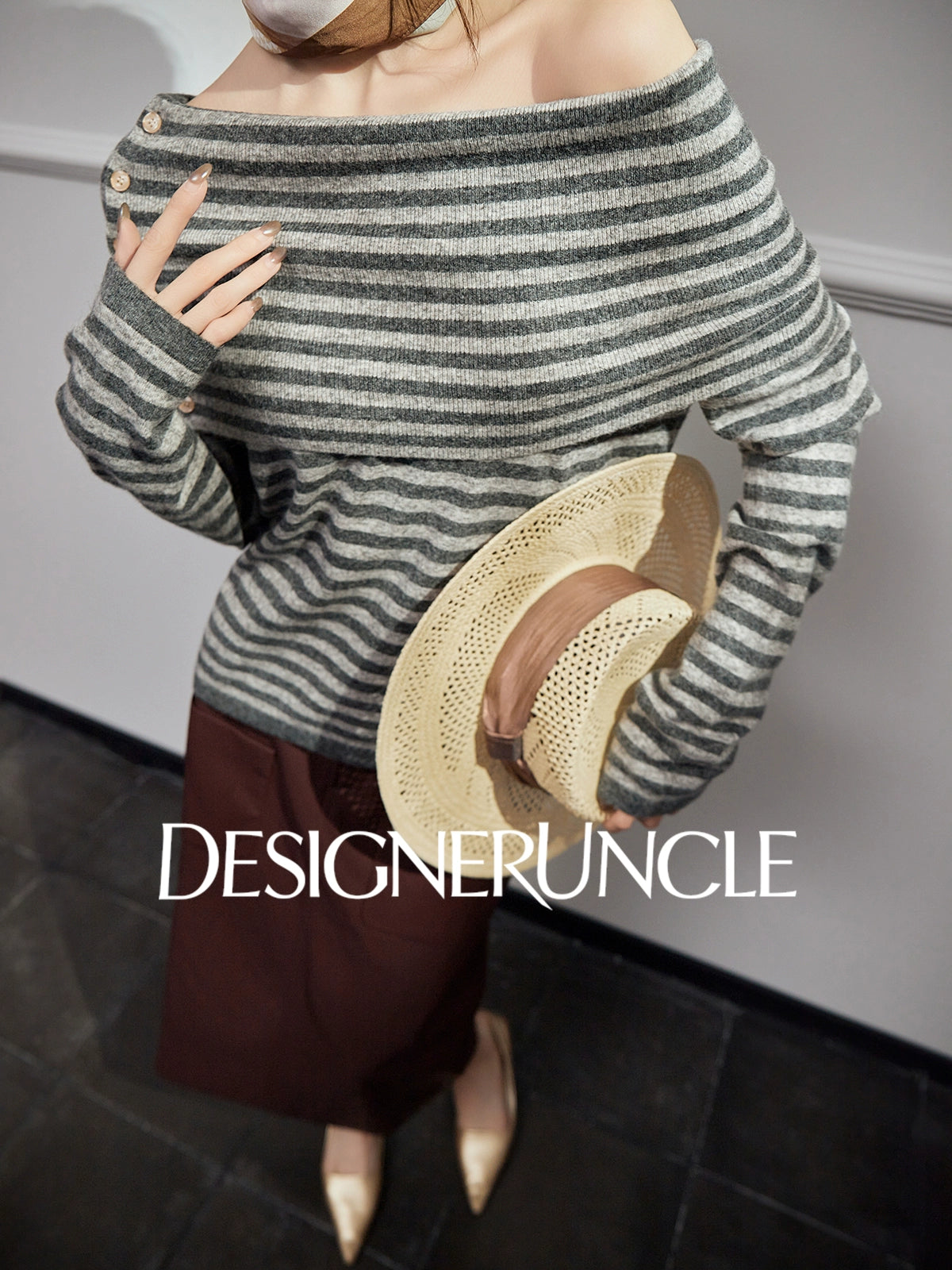 DGU| Dark gray knitted striped slanted shoulder buttons loose design pullover top - Joseph.