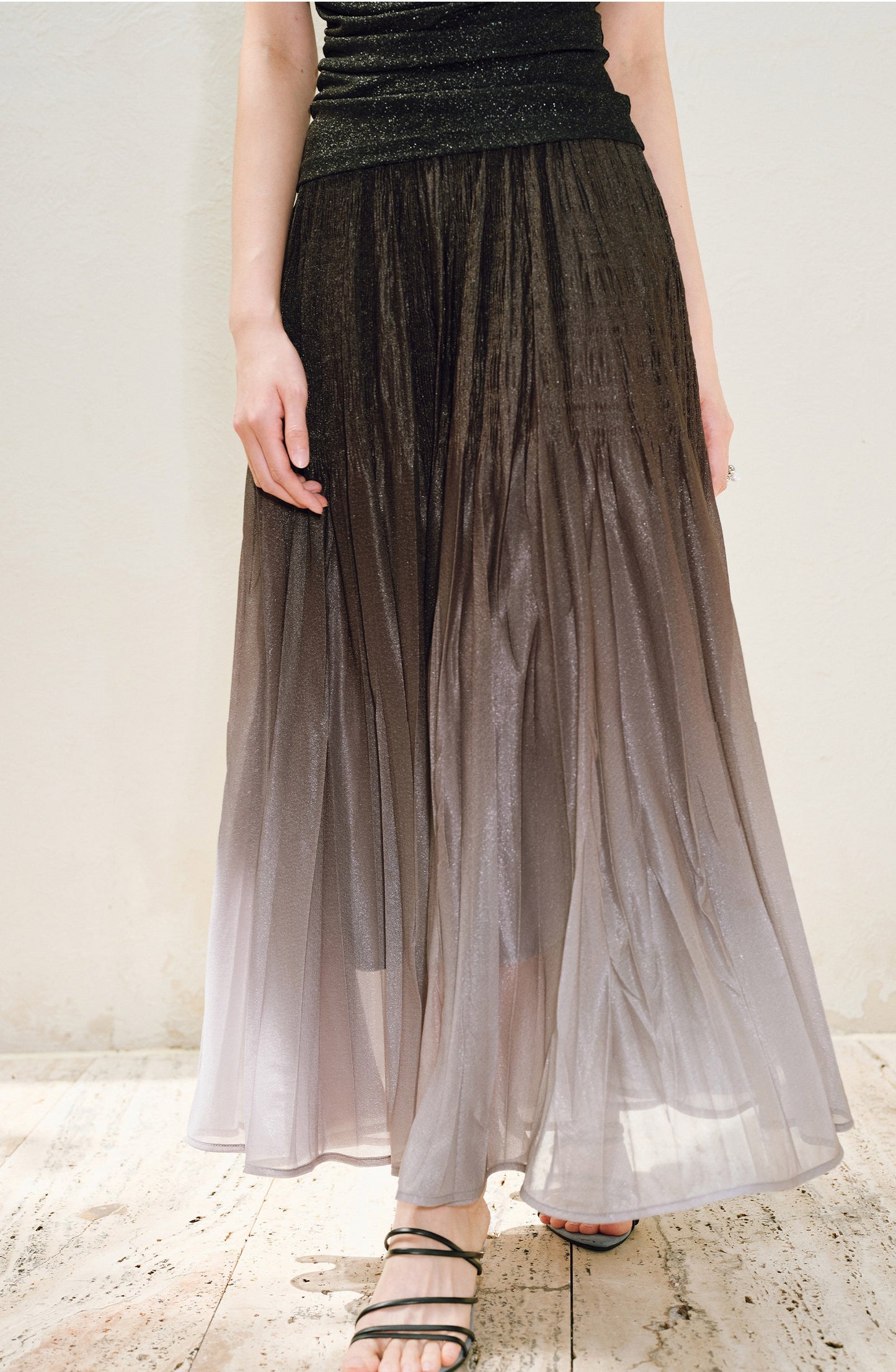 WANGXO |High-Waisted Umbrella Hem Romantic Skirt with Luxe Shimmer-LINA