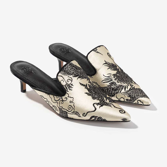 B-FEI Chinese dragon pattern embroidered kitten heel mules-JOER.
